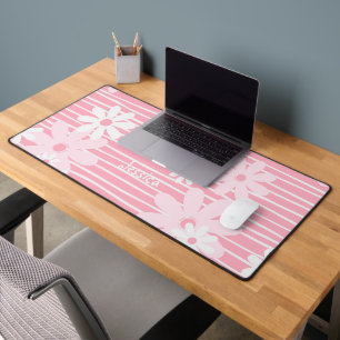 Cute Whimsical Pink And White Floral Stripes Desk Mat