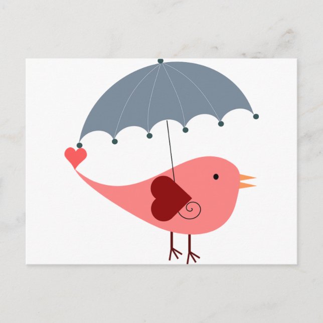 Cute whimsical  pink bird holding umbrella postcard (Front)