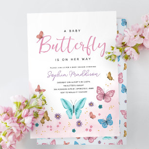 Cute Whimsical Pink Butterfly Girls Baby Shower Invitation