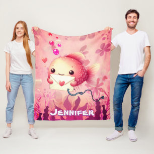 Cute whimsical pink cartoon goldfish personalised fleece blanket