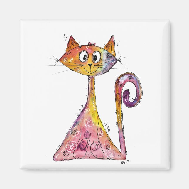 Cute Whimsical Pink Cat Magnet (Front)