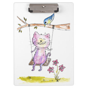Cute Whimsical Pink Cat on Swing Clipboard