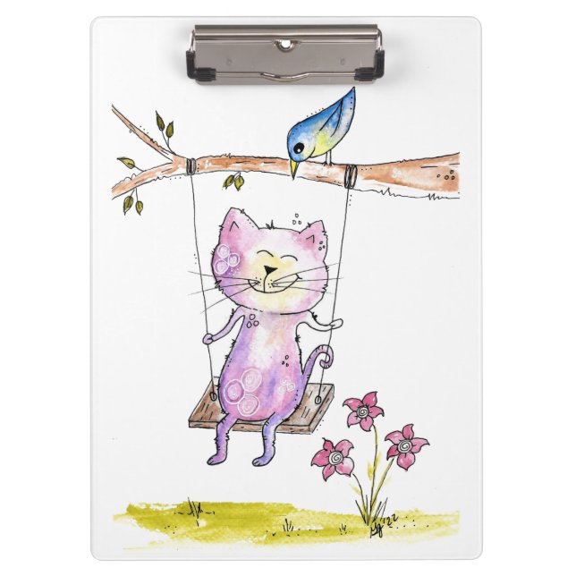 Cute Whimsical Pink Cat on Swing Clipboard (Front)