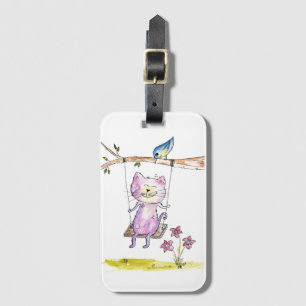 Cute Whimsical Pink Cat on Swing Luggage Tag