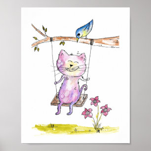 Cute Whimsical Pink Cat on Swing Poster