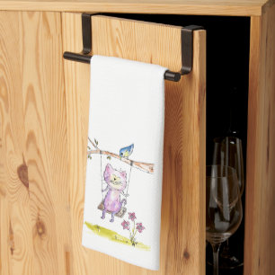 Cute Whimsical Pink Cat on Swing Tea Towel