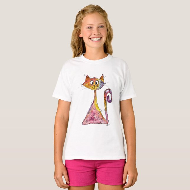 Cute Whimsical Pink Cat T-Shirt (Front Full)