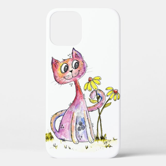 Cute Whimsical Pink Cat with Yellow Flowers Case-Mate iPhone Case (Back)