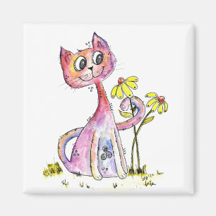 Cute Whimsical Pink Cat with Yellow Flowers Magnet