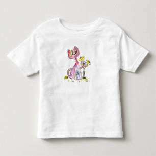 Cute Whimsical Pink Cat with Yellow Flowers Toddler T-Shirt