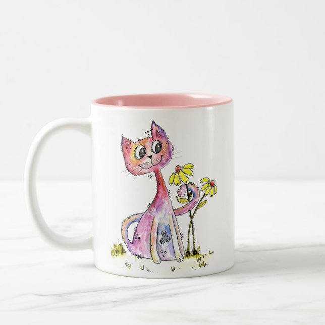 Cute Whimsical Pink Cat with Yellow Flowers Two-Tone Coffee Mug (Left)