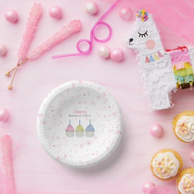 Cute Whimsical Pink Girly Watercolor Cupcakes Paper Plate (Party)