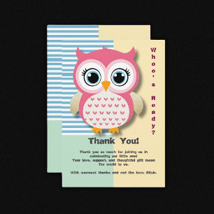 Cute Whimsical Pink Owl Baby Shower Thank You Card