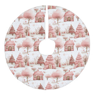 Cute Whimsical Pink Winter Wonderland Christmas Faux Linen Tree Skirt