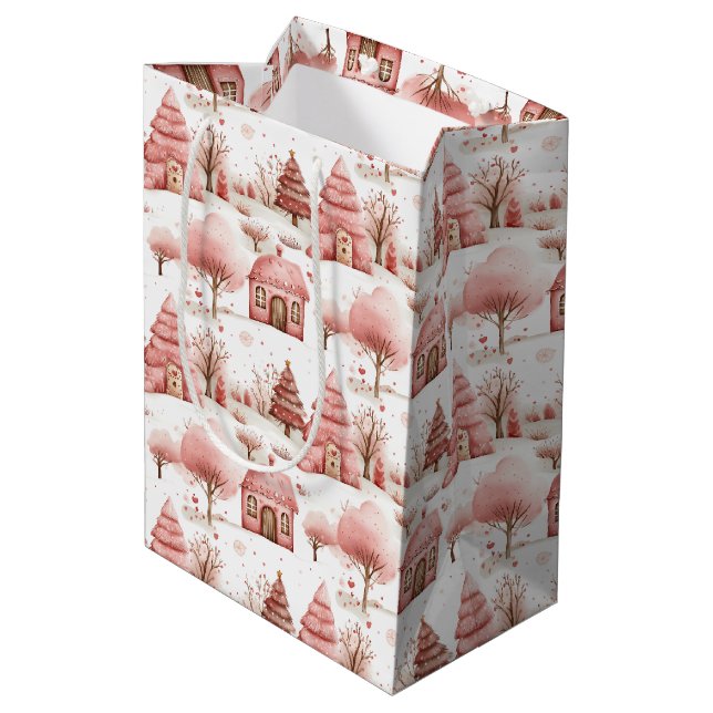 Cute Whimsical Pink Winter Wonderland Christmas  Medium Gift Bag (Back Angled)