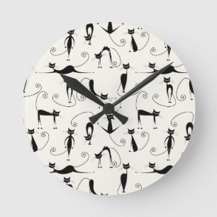 Cute Whimsical Playful Slinky Black Cats Round Clock