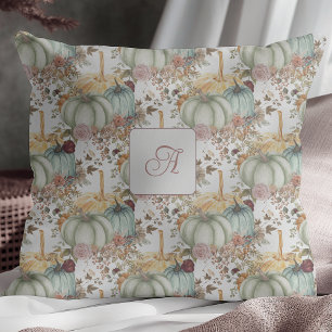 Cute Whimsical Pumpkins And Flowers Monogram Cushion