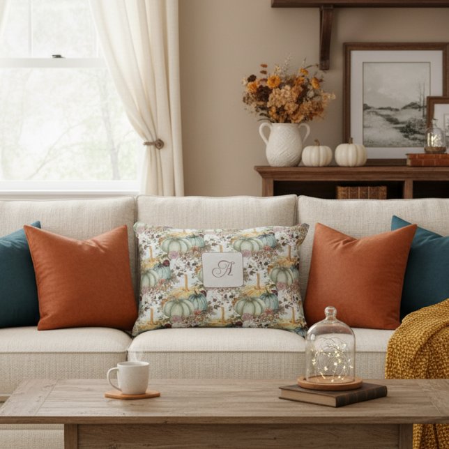 Cute Whimsical Pumpkins And Flowers Monogram Decorative Cushion (Creator Uploaded)