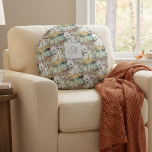 Cute Whimsical Pumpkins And Flowers Monogram Round Cushion