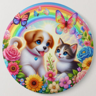 Cute/whimsical puppy/kitten rainbow 6 cm round badge