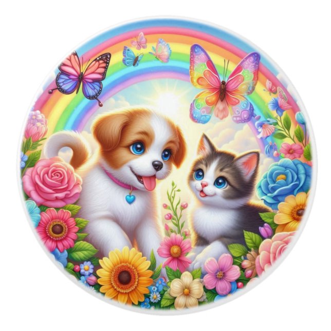 Cute/whimsical puppy/kitten rainbow ceramic knob (Front)