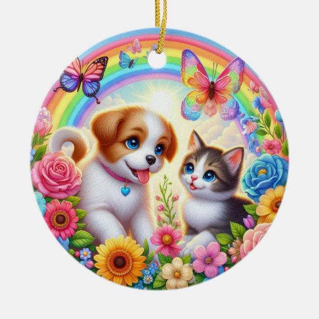 Cute/whimsical puppy/kitten rainbow ceramic tree decoration (Front)
