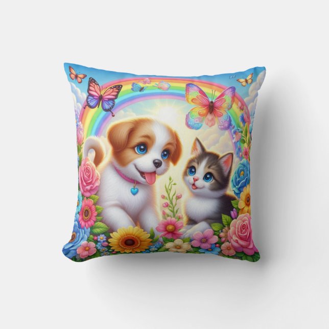 Cute/whimsical puppy/kitten rainbow cushion (Front)