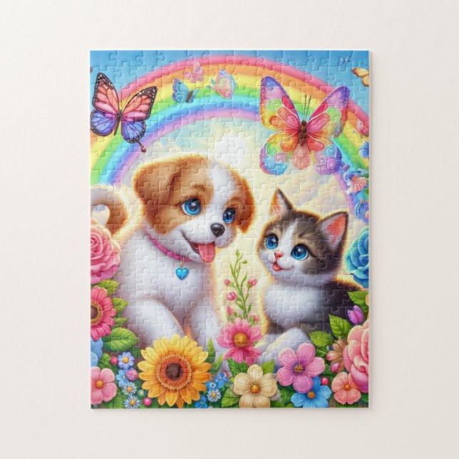 Cute/whimsical puppy/kitten rainbow jigsaw puzzle (Vertical)