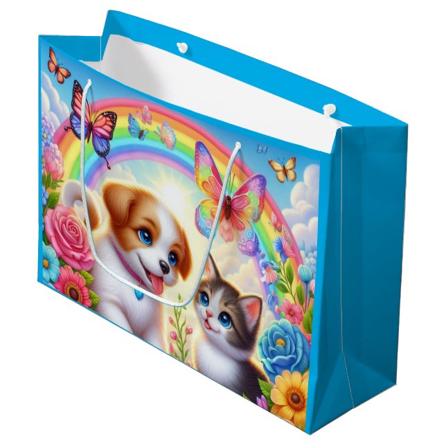 Cute/whimsical puppy/kitten rainbow large gift bag (Front Angled)
