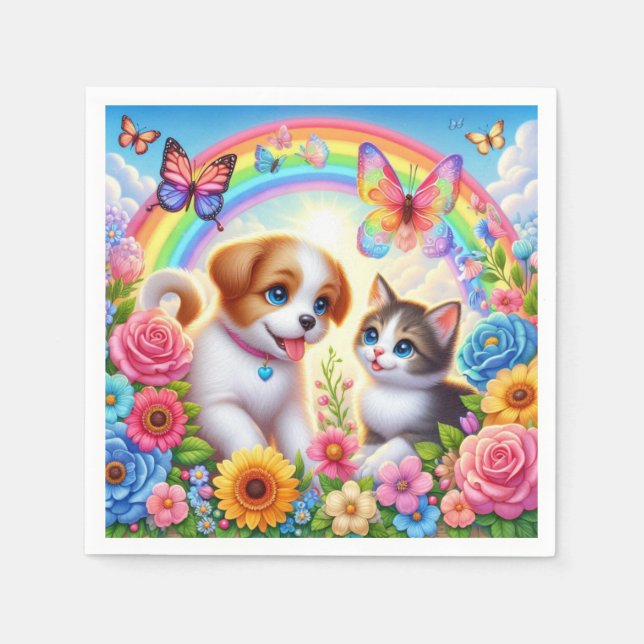 Cute/whimsical puppy/kitten rainbow napkin (Front)
