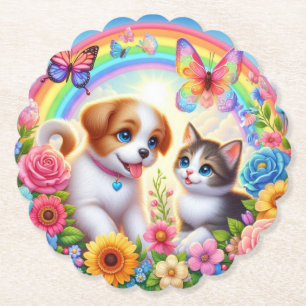 Cute/whimsical puppy/kitten rainbow paper coaster