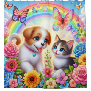 Cute/whimsical puppy/kitten rainbow shower curtain