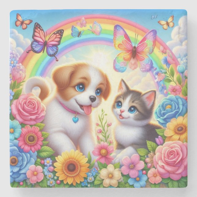 Cute/whimsical puppy/kitten rainbow stone coaster (Front)