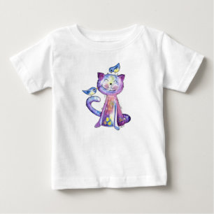 Cute Whimsical Purple Cat with Birds Baby T-Shirt