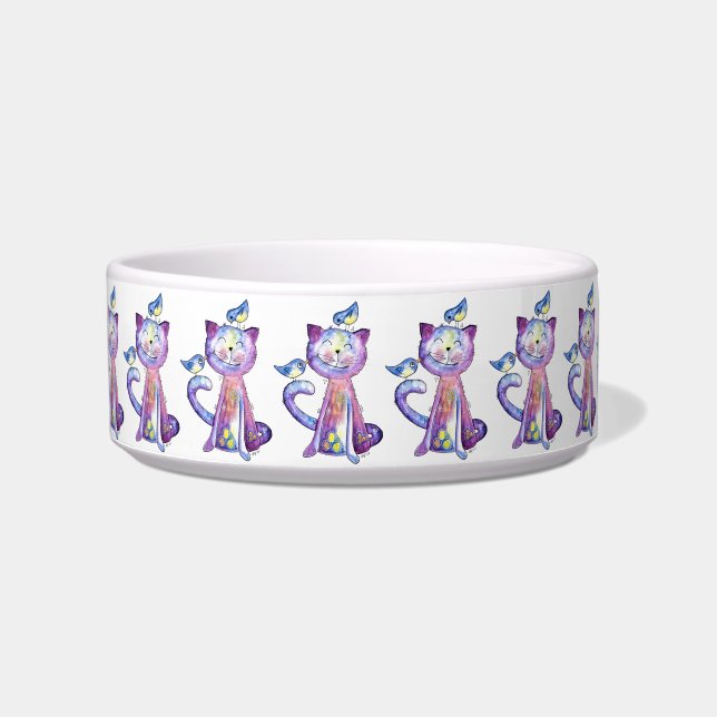 Cute Whimsical Purple Cat with Birds Bowl (Front)