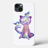 Cute Whimsical Purple Cat with Birds