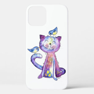 Cute Whimsical Purple Cat with Birds iPhone 12 Case