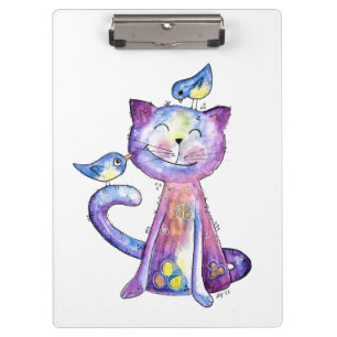 Cute Whimsical Purple Cat with Birds Clipboard