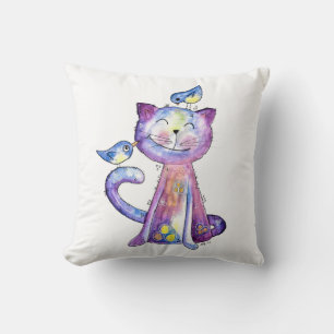 Cute Whimsical Purple Cat with Birds Cushion