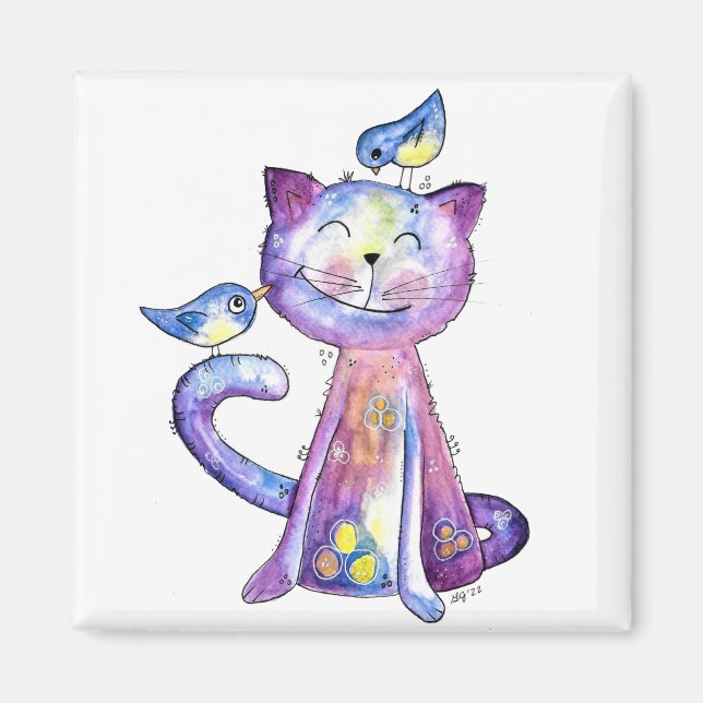 Cute Whimsical Purple Cat with Birds Magnet (Front)