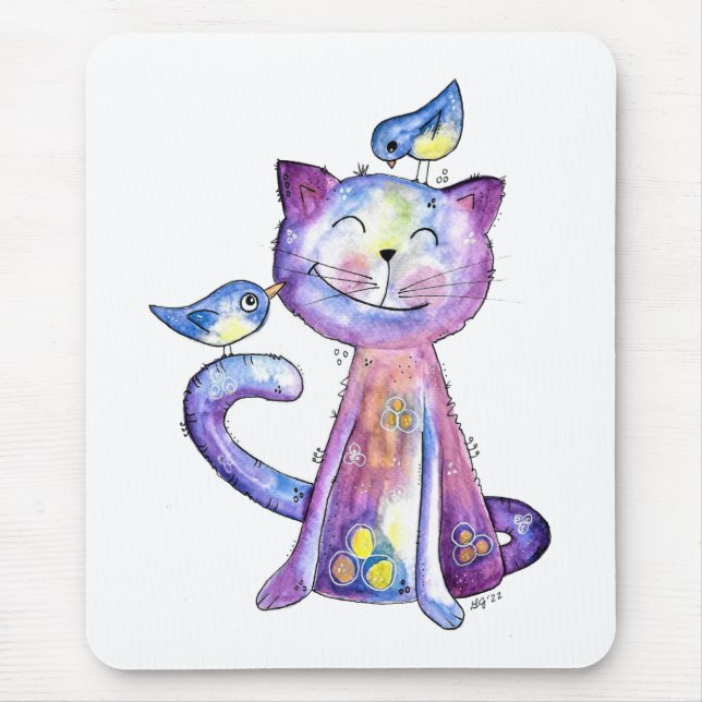 Cute Whimsical Purple Cat with Birds Mouse Pad (Front)