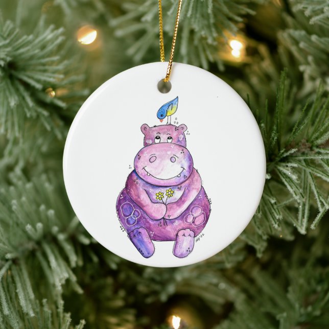 Cute Whimsical Purple Hippo Ceramic Tree Decoration (Tree)