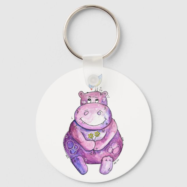 Cute Whimsical Purple Hippo Key Ring (Front)