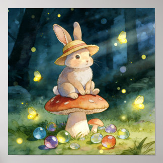 Cute Whimsical Rabbit on Mushroom Magical Forest Poster