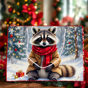 Cute Whimsical Raccoon Christmas Large Gift Bag