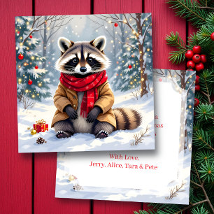 Cute Whimsical Raccoon Personalized Christmas Card
