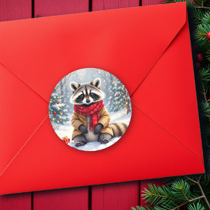 Cute Whimsical Racoon Christmas Classic Round Sticker