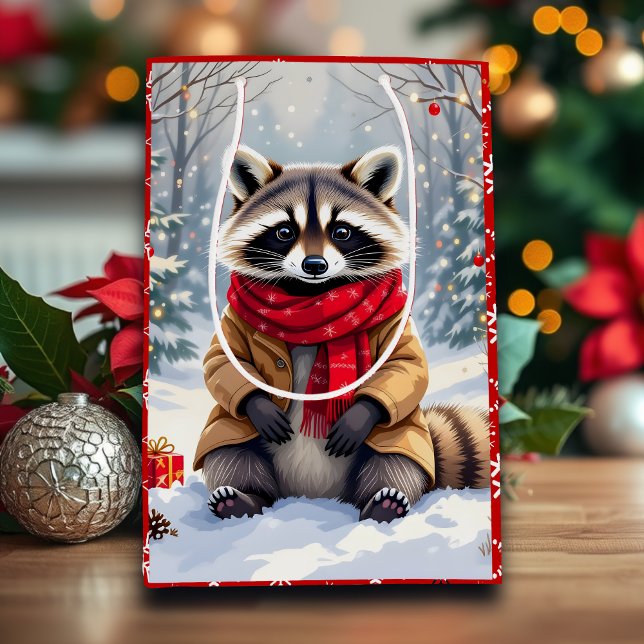 Cute Whimsical Racoon Christmas   Medium Gift Bag (Creator Uploaded)