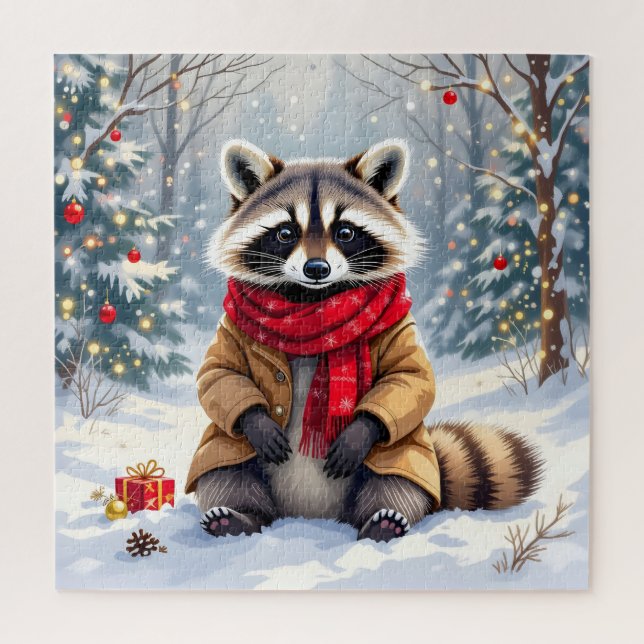 Cute Whimsical Racoon Christmas Personalised Jigsaw Puzzle (Vertical)
