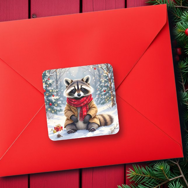 Cute Whimsical Racoon Christmas Square Sticker (Creator Uploaded)